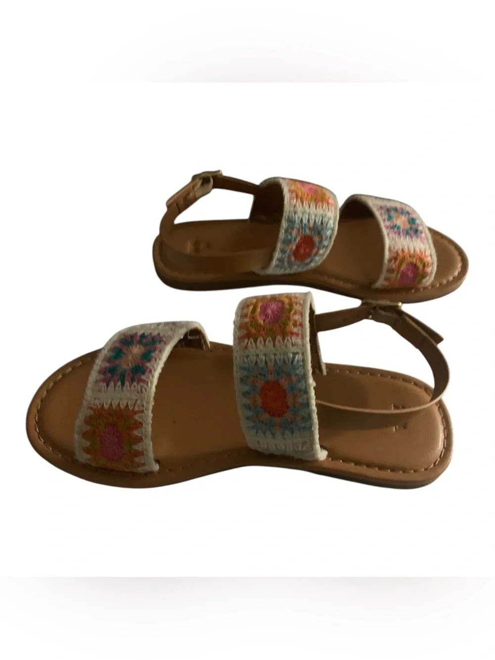 Zara Tan Leather Sandals with Multicolor Crochet Straps Girl 13